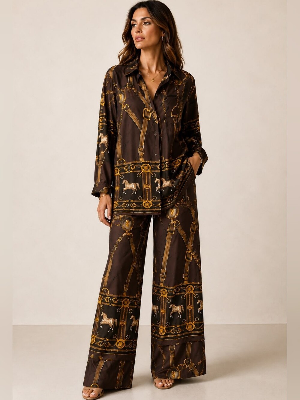 Made In Italy Viscose Rayon Brown Silk-Feel Equestrian Print Pajama Set